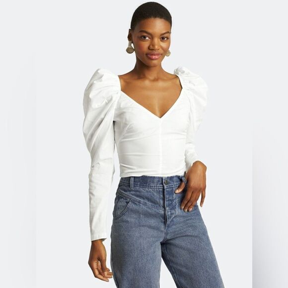 choosy Tops - Choosy White Peacock Puff Shoulder Crop Top